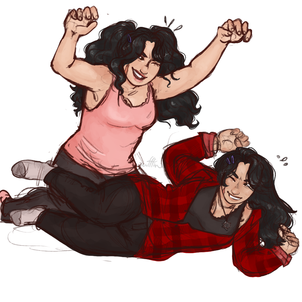 Two Asian girls are play wrestling. They have matches facial scars and are both laughing.