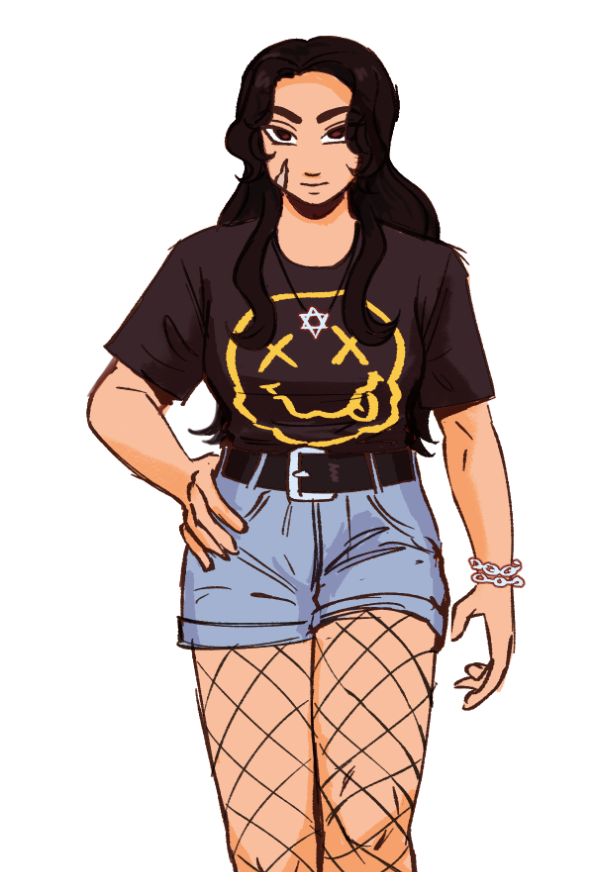 Asian girl with black hair and tanned skin staring at the viewer. She has a scar on her left cheek and is wearing a silver magen david.